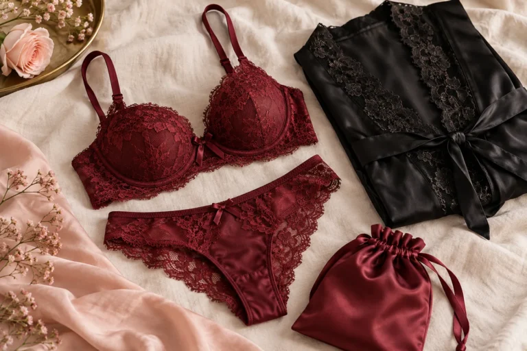 Conjunto de lingerie vinho com detalhes de renda ao lado de um robe preto.
