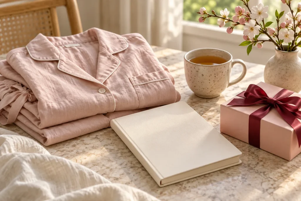 Pijama rosa, caderno, xícara e caixa de presente sobre uma mesa clara.