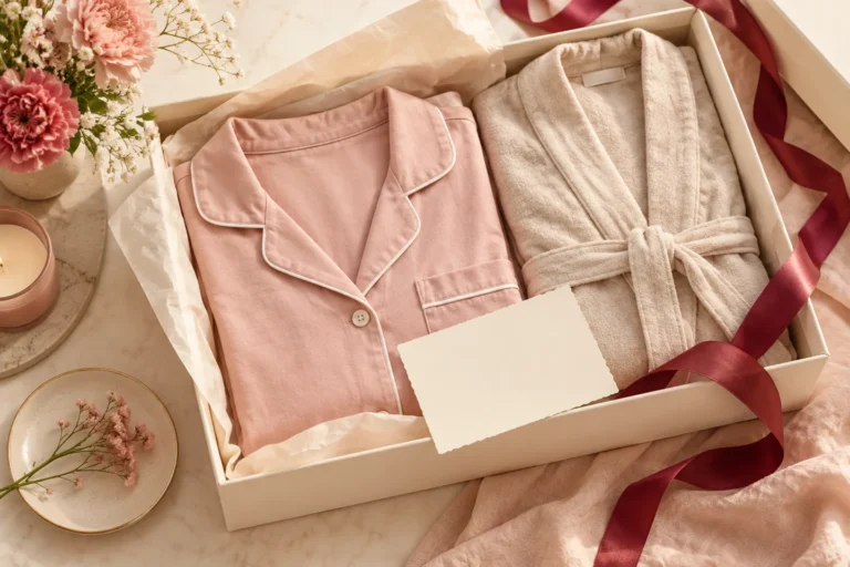 Pijama rosa e robe claro organizados em uma caixa de presente com fita vinho.