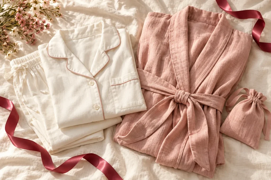 Pijama claro e robe rosa dobrados com um pequeno saquinho de tecido.