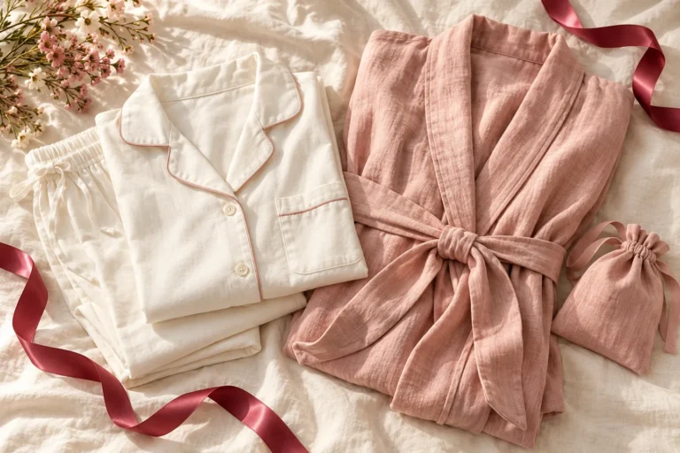 Pijama claro e robe rosa dobrados com um pequeno saquinho de tecido.